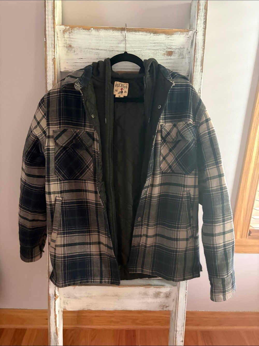 RedHead Black & Olive Plaid Quilted Hooded Shirt Jacket